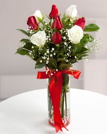 5 kırmızı 4 beyaz gül vazoda  Kayseri çiçek hediye sevgilime hediye çiçek 